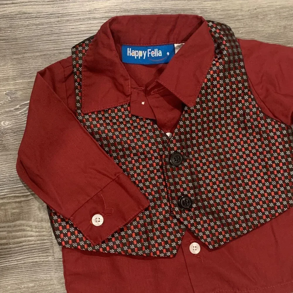 Take 50% OFF- Happy Fella Red Shirt with Brown Vest, Size-6/9M
